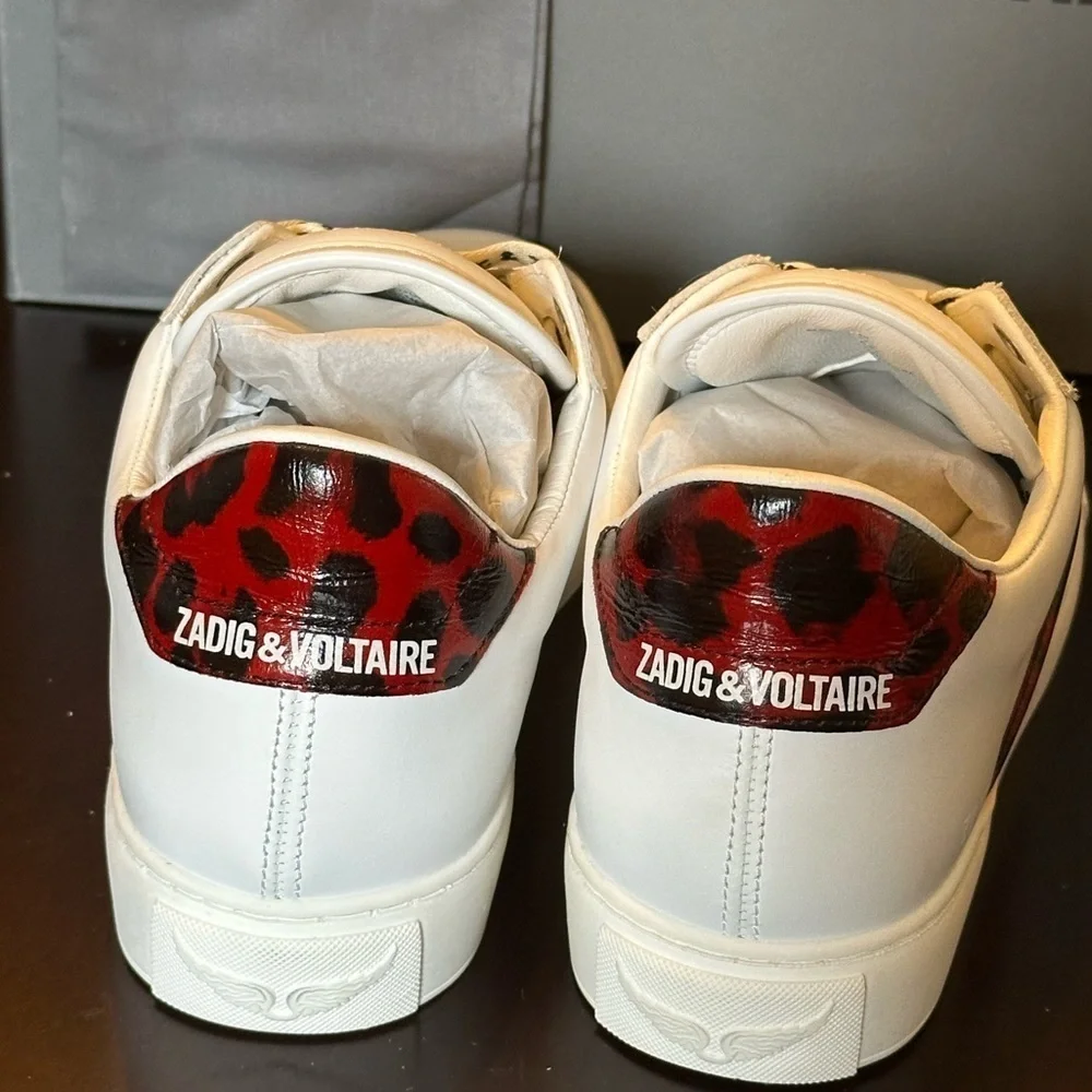 NIB Zadig & Voltaire La Flash Smooth Calfskin Sneakers 38 White Red Lightning 7